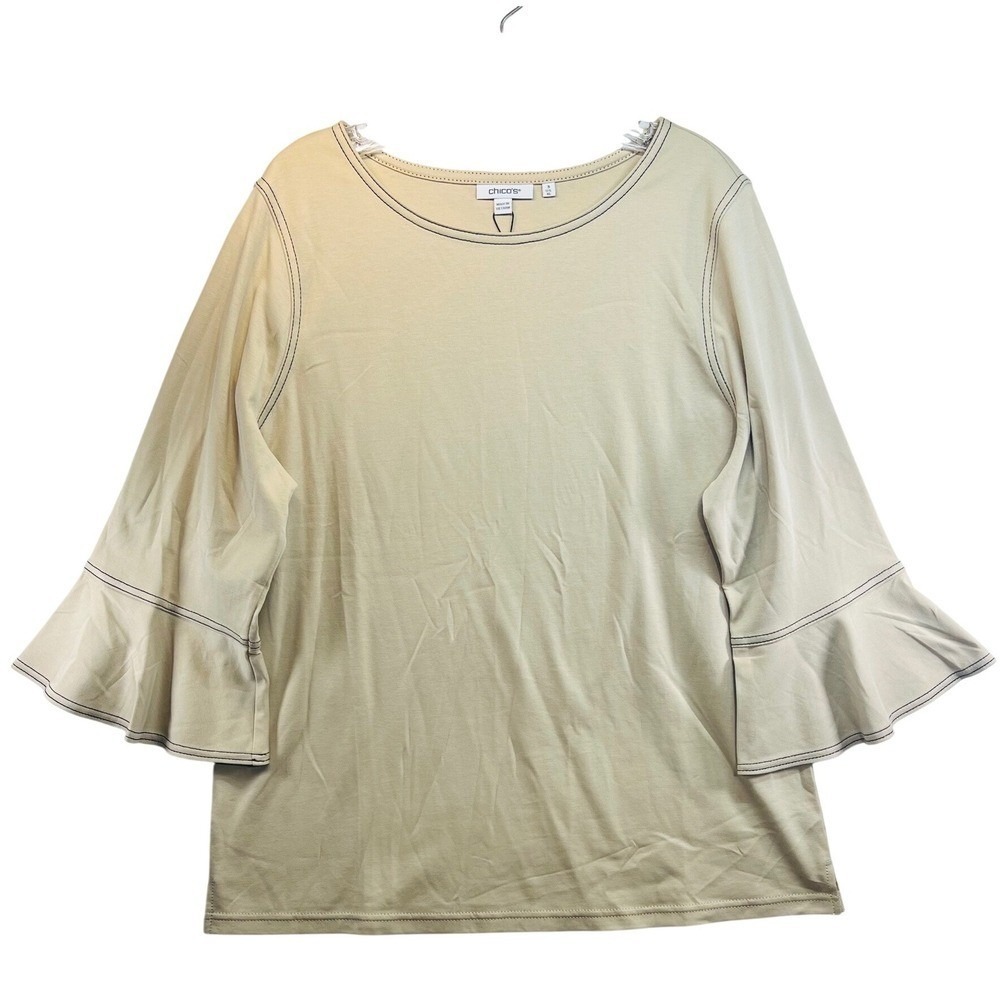 Chico's Canella Tan Topstitching Knit Top 3/4 Bell Sleeve 3 XL New 570371115